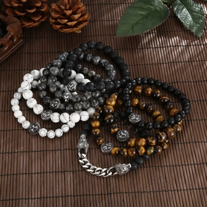Lion Head Natural Stone Bracelet For Men Tiger Eye White Turquoise Lava Rock Stainless Steel Beaded Vintage Wristband