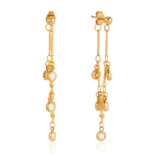 Gold stainless steel long tassel earrings with sparkling cubic zirconia round drop stones