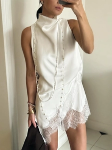 Elegant White Satin Sleeveless Blouse High Neck Eyelash Lace Trim Irregular Hem Solid Color Women Social Top