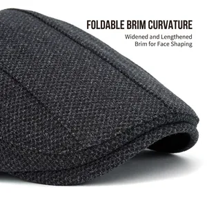 Dark grey textured ivy cap for men with warm fleece lining and foldable wide brim for winter