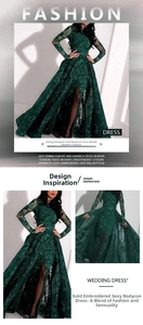Detailed embroidery on dark green sequin mermaid dress with elegant waist belt