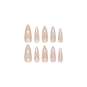 Handmade stiletto almond press-on nails with iridescent pearly aurora cat-eye finish