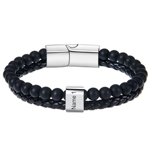 Detail of custom braided leather and matte stone beads men's bracelet with silver name plate