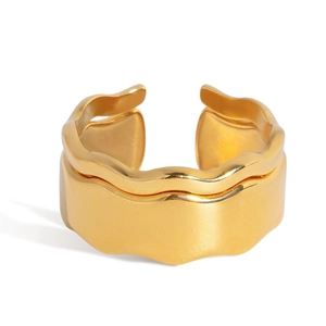 Minimalist 18K gold stainless steel open ring with irregular wavy design on white background