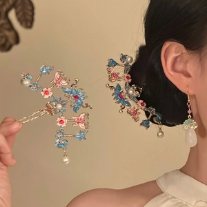 Pic À Cheveux Et Boucles D Oreilles Style Chinois Rétro Émail Papillon Fleur Alliage Fausse Künstliche Perle Accessoire Ethnique Élégant