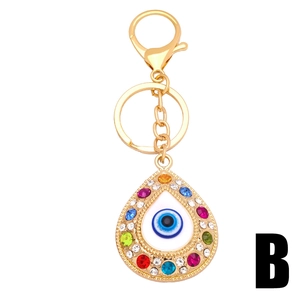 Colorful rhinestone Evil Eye keychain in teardrop shape with golden metal hardware
