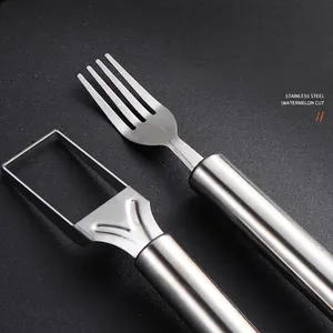 Stainless steel 2-in-1 watermelon slicer and fork tool shown from a 45-degree angle
