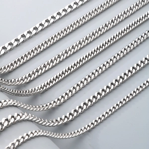 Parallel silver stainless steel curb chains in various thicknesses shown on grey background