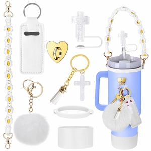 8-piece Stanley cup accessory set with glitter cross cap, silicone boot and faux fur keychain