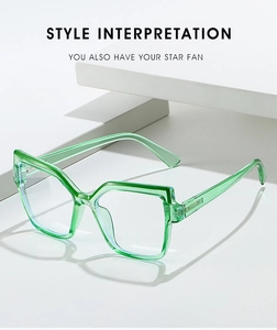 Detail of transparent green square eyeglass frames on a white geometric stage