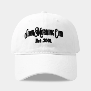 Classic white cotton baseball cap with Slow Morning Club embroidery for outdoor sports