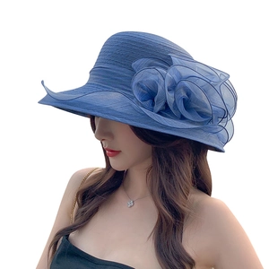 Navy blue organza wide-brim sun hat for women with elegant 3D floral decoration