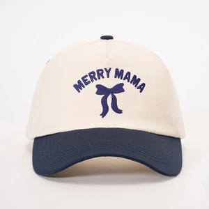 Classic cotton baseball cap with Merry Mama embroidery and navy blue brim on cream crown
