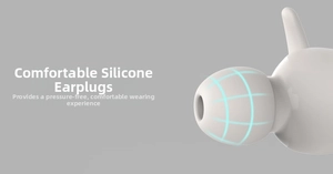 Detail view of white soft silicone ear tips featuring pressure-free ergonomic design