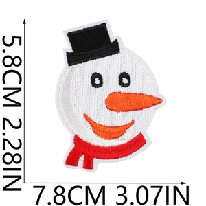 Detailed size measurement of embroidered snowman patch showing 7.8cm width and 5.8cm height