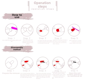 Instructional guide for applying and removing pink French press-on nails with snake rhinestone