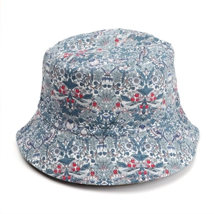 Close-up of floral bucket hat with William Morris pattern and high-density stitching