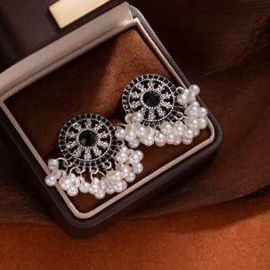 Ethnic style pearl tassel drop earrings with crystals in vintage silver finish for women