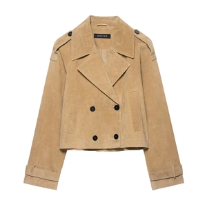 Women Casual Faux Suede Jacket Short Windbreaker Style Coat Double Breasted Lapel Outerwear Solid Color Autumn Fashion