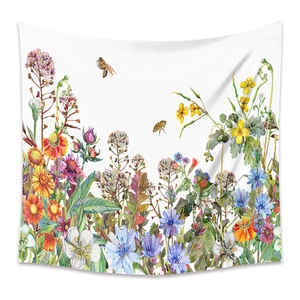 Detail of bohemian floral tapestry with colorful watercolor wildflowers and bees print
