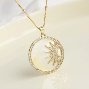 Celestial Necklace Vintage Copper Zircon Mother Of Artificial Pearl Sun Moon Star Pendant 18K Gold Plated Jewelry For Women