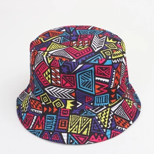 Detail of vintage 80s 90s reversible bucket hat with colorful geometric graffiti pattern