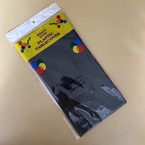 Detail of packaged black heavy duty plastic tablecover 137x183cm showing reusable features