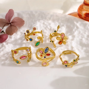 Set of 5 18K gold-plated rainbow zircon leaf rings with adjustable opening for women