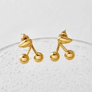 Polished gold cherry stud earrings for women featuring minimalist leaf and stem design
