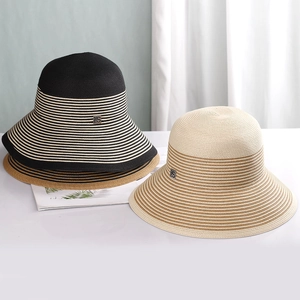 French vintage striped straw sun hat with wide brim in black, beige and khaki colors