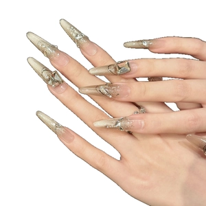 Caramel cat-eye gradient stiletto press-on nails with luxury rhinestones and pearls