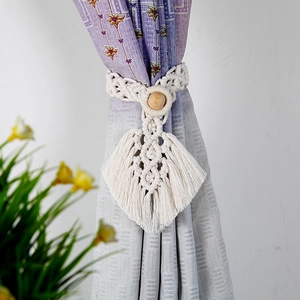 Handwoven Nordic style cotton curtain tieback with leaf fringe and wooden beads