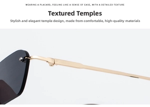Detail shot of golden metal temples and hinges on diamond-cut rimless sunglasses