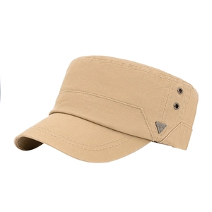 Khaki canvas flat top military cap with metal eyelets and a decorative side badge