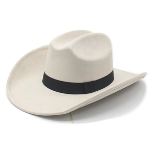 Classic cream faux suede cowboy hat with black decorative band and wide curved brim