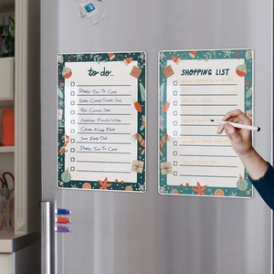 Detailed close-up of acrylic magnetic weekly planner with colorful markers on a fridge