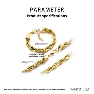 Detailed 10mm golden twist rope chain set showing stainless steel necklace and bracelet