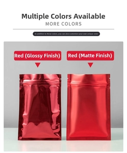 Detail of red aluminum foil resealable bags showing glossy and matte surface finishes