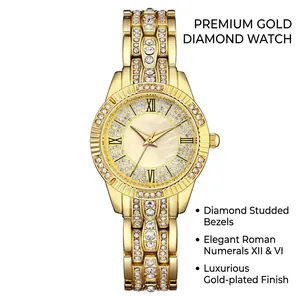 Montre dorée pour femme avec cadran nacré scintillant et lunette ornée de strass