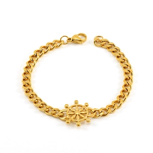 Polished 18K gold nautical anchor wheel Cuban chain bracelet for men and women