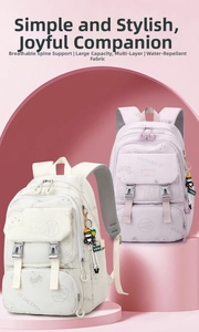 Detail view of large school backpack featuring ergonomic straps and cute bear patterns