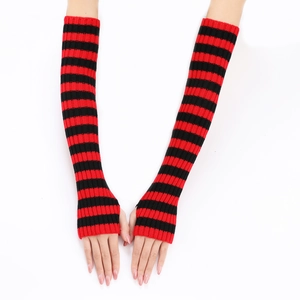 Detailed knit texture of red and black striped arm warmers in a high-quality macro view