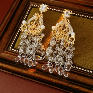 Baroque gold chandelier earrings with lace weaving, pearls and crystal glass tassels