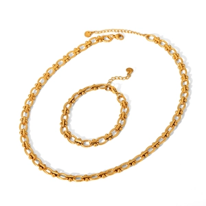 Chunky golden stainless steel gauge link necklace and bracelet set in modern style