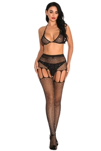 Detail of black rhinestone-embellished lace lingerie set with halter top and fishnet stockings