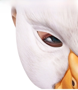 Macro detail showing the fine fabric texture and blue eye of the white bird cosplay mask