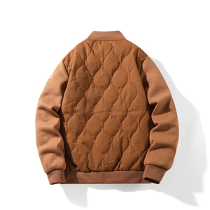 Brown quilted winter jacket for men featuring back stitch details and ribbed trims