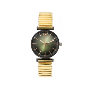 Elegant women's quartz watch with green sunray dial and golden elastic expansion band