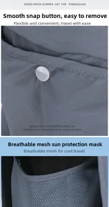 Detail of snap button and breathable mesh panel on gray outdoor sun protection hat