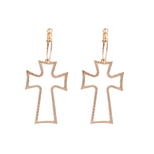 Polished rose gold hollow cross charm hoop earrings with intricate textured detailing